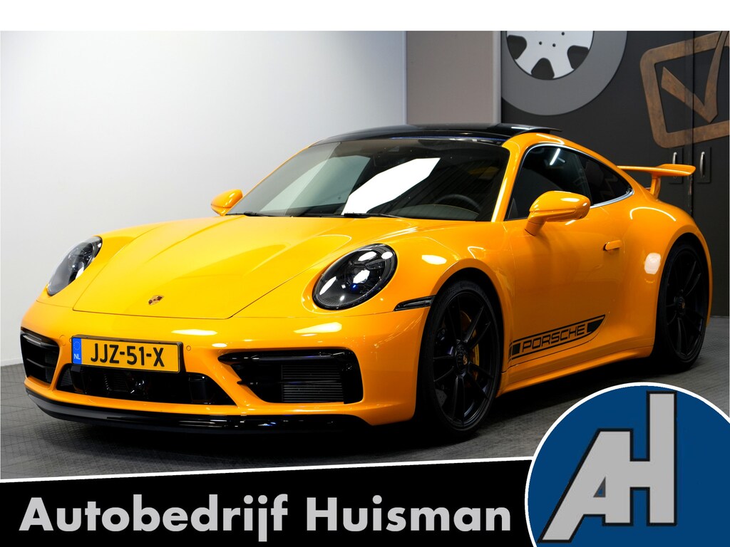 Porsche 911 3.0 Carrera 4 GTS 353kW/480pk Aut8 PCCB + PTS SIGNAL YELLOW + AERO PAKKET + INNODRIVE + PANO + CHRONO + LIFT + BURMESTER + 18-WEG STOELEN + PDLS+ + ACHTERASBESTURING + STOELVENTILATIE + STOEL-&STUURVERWARMING + 360 CAMERA + PARKSENSOREN + 20/21" LM-VELGEN