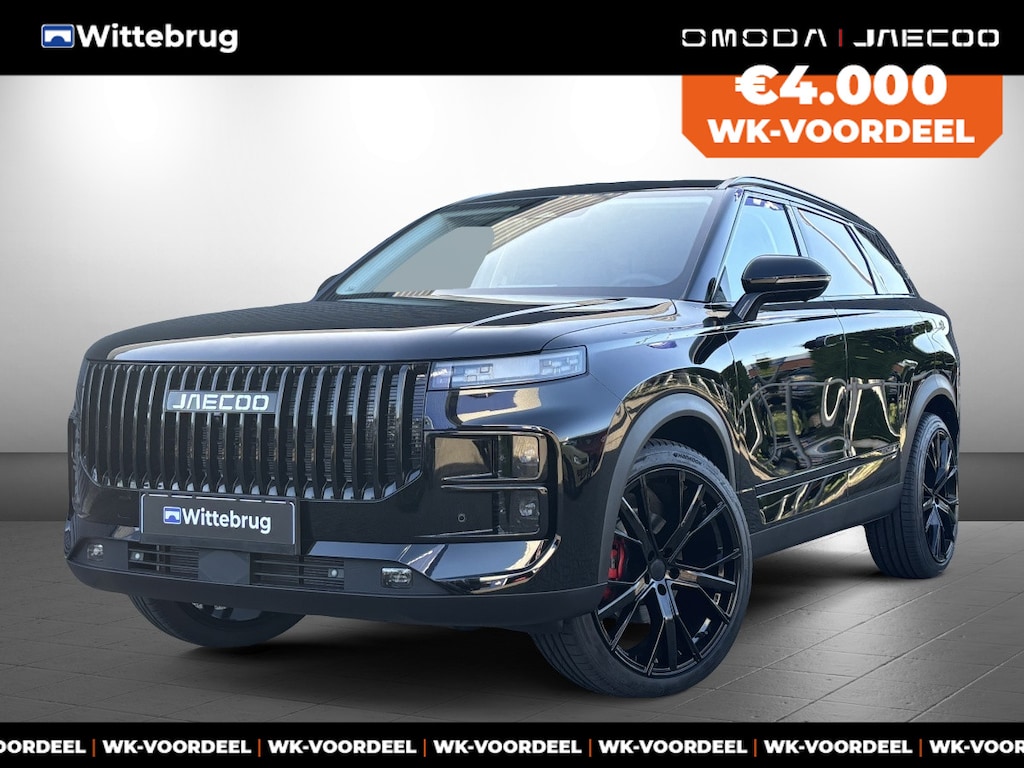 Jaecoo 7 SHS PHEV Exclusive Black Pack en 21 Inch velgen met 1500 KG trekgewicht, 1200 KM RANGE Navigatie, Elektrische achterklep, Luxe lederen bekleding en 7 jaar garantie Nu met 3000 euro zomervoordeel!