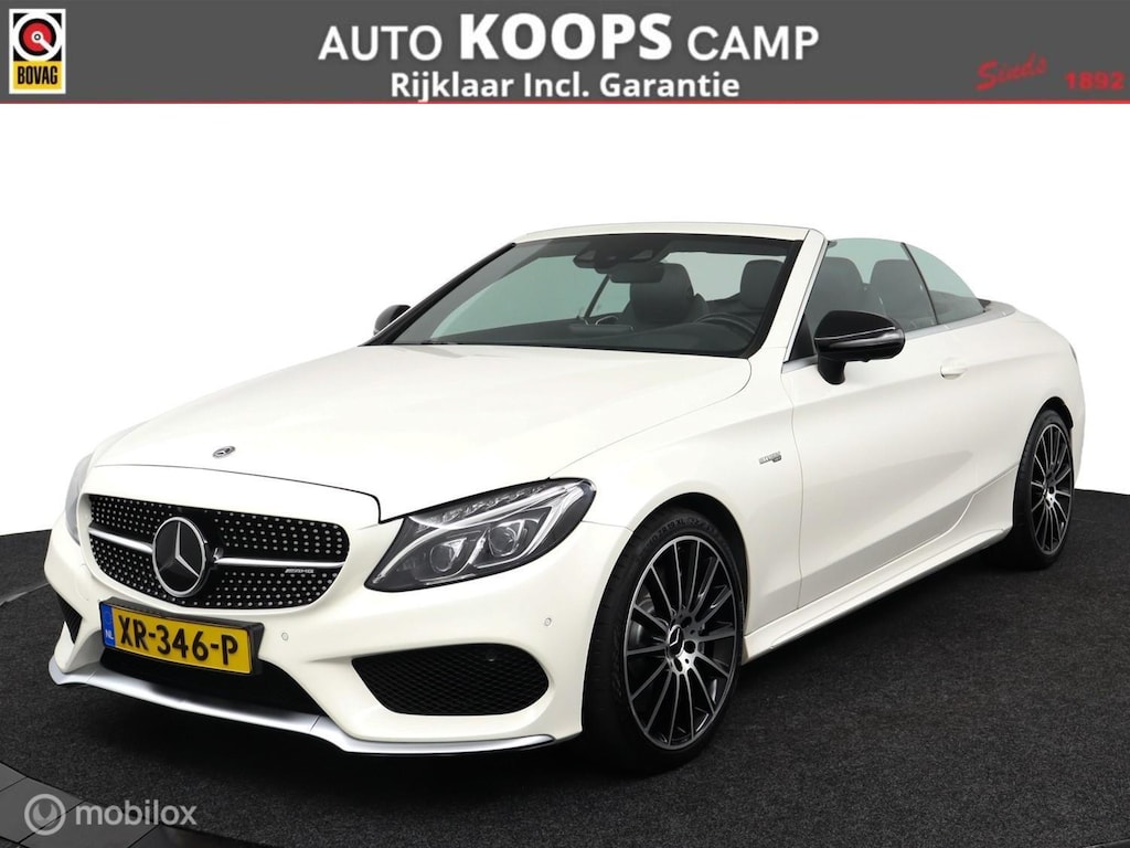 Mercedes-Benz C-klasse Cabriolet AMG 43 4MATIC 367Pk Aut-9 | full-option | Zwart-leder | Stoelverw./koeling | Sportuitlaat | parelmoer wit metallic |Carbon inleg |elec. stoelen met geheugen| Burmester Audio | DEALER-STAAT