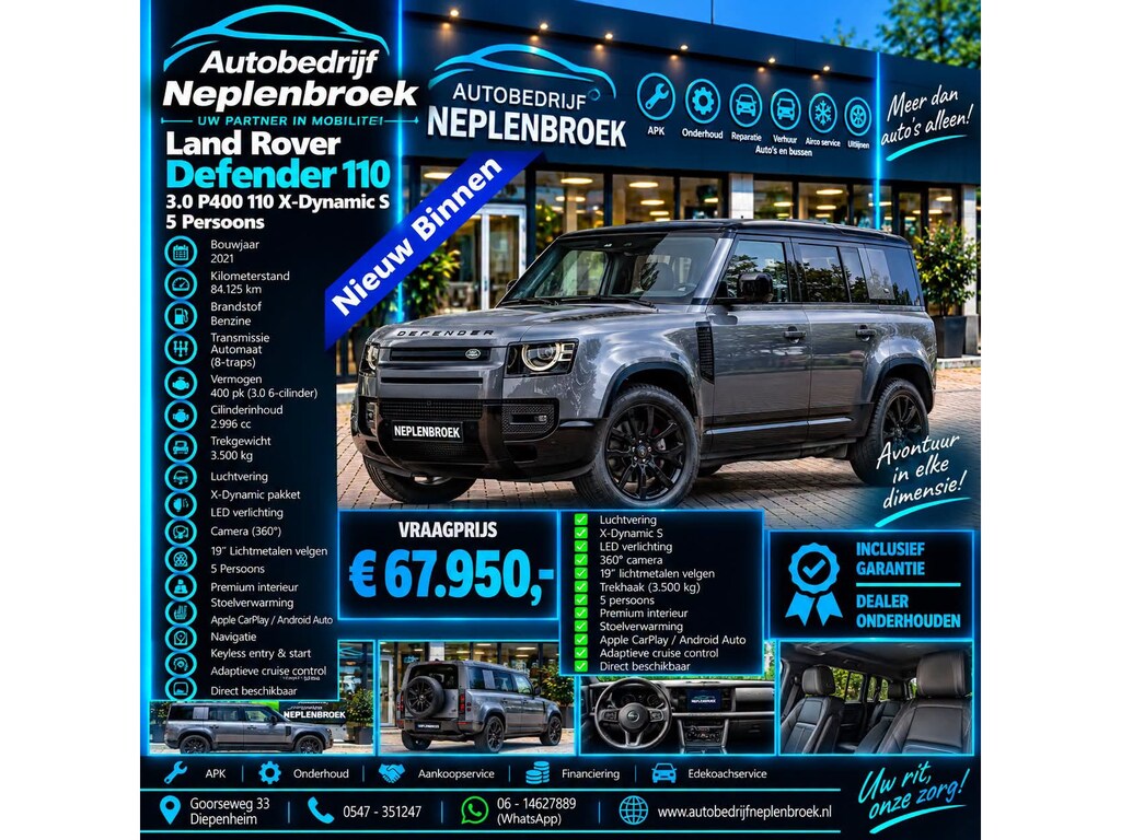 Land Rover Defender 110 3.0 P400 110 X-Dynamic S 5 Persoons Luchtvering Trekhaak LED Camera Urban 19''