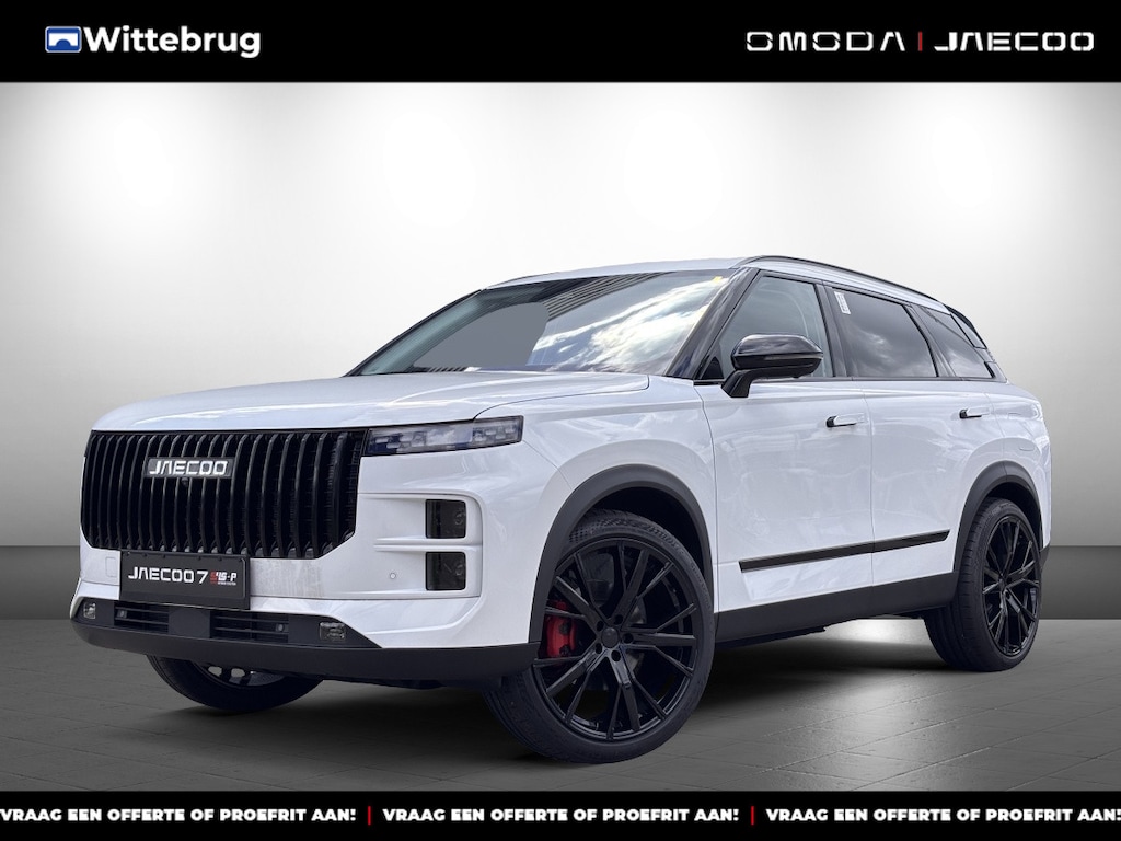 Jaecoo 7 1.5 GDI SHS-P Exclusive Black Pack, Cognac Ledere bekleding en 21 Inch velgen met 1500 KG trekgewicht, 1200 KM RANGE Navigatie, Elektrische achterklep, Luxe lederen bekleding en 7 jaar garantie Nu met 3000 euro zomervoordeel!
