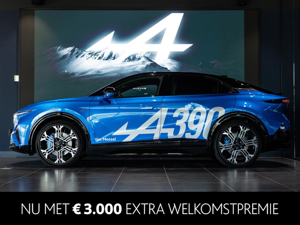 Alpine A390 GT | Bleu Alpine Vision | Sabelt® Alpine sportstoelen in tweekleurig Nappa-leder, elektrisch, verwarmd en met massagefunctie | Pack Driving: Active Driver Assist, Emergency Brake Assist & Handsfree Parking | 21'' gesmede wielen SNOWFLAKE diamantées Noir brillant