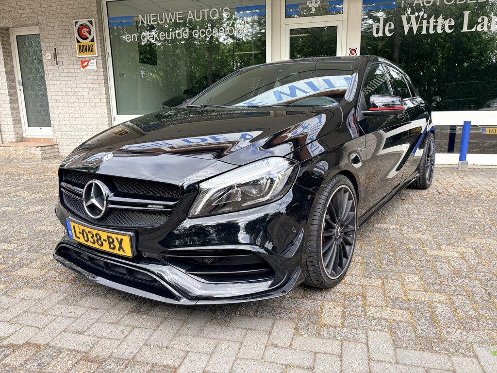 Mercedes-Benz A-klasse AMG 45 4MATIC AMG Styling/Sportstoelen met memory/Leder verst.baar multifunct. sportstuur/Start stop/V+A Spoiler/Sportonderstel/Parkeersens. V+A/Navi Fullmap/Cruisecontrole/Airco automat./ Led kopl.