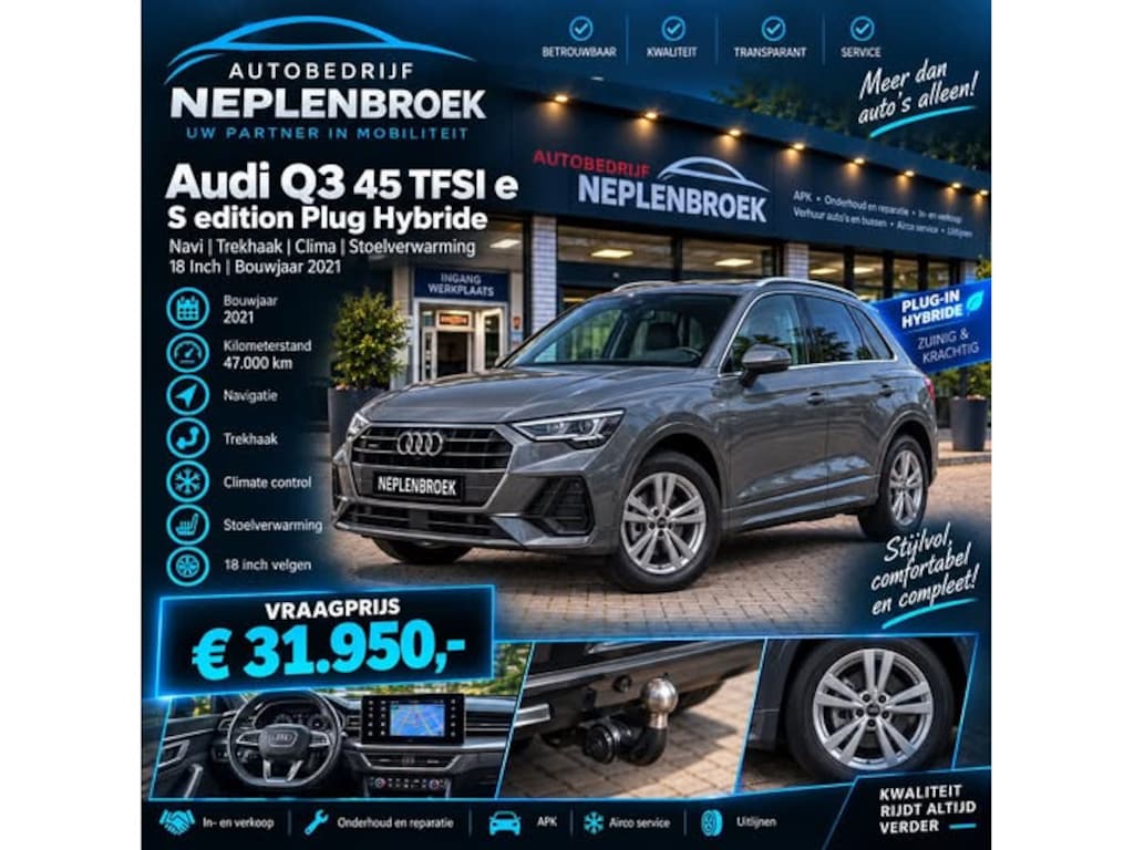 Audi Q3 45 TFSI e S edition Plug Hybride Bj 2021 Km 47.000 Navi,Trekhaak,Clima,CvStoelverm,18Inch Dealer onderhouden