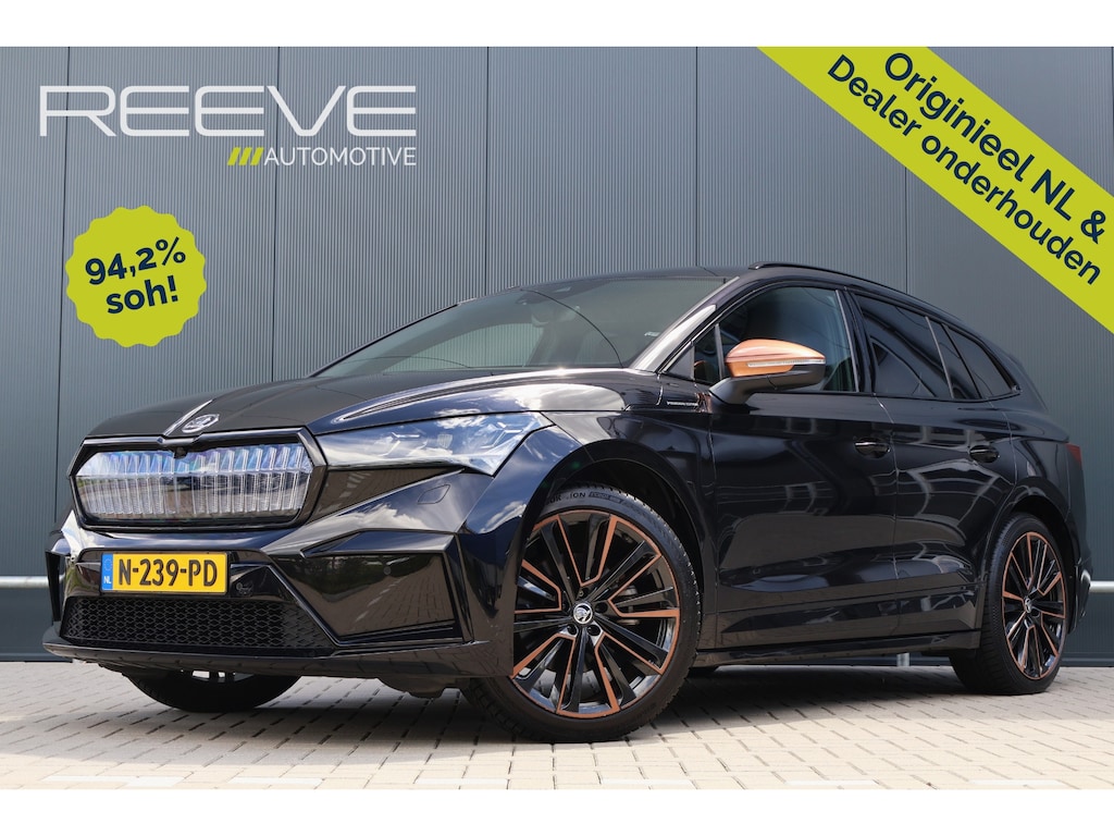 Skoda Enyaq iV 60 Founders Edition Black 94,2% soh! | Crystal Face | Camera | Leer | Stuurverwarming | Elektr. Achterklep | 21 Inch lichtmetaal