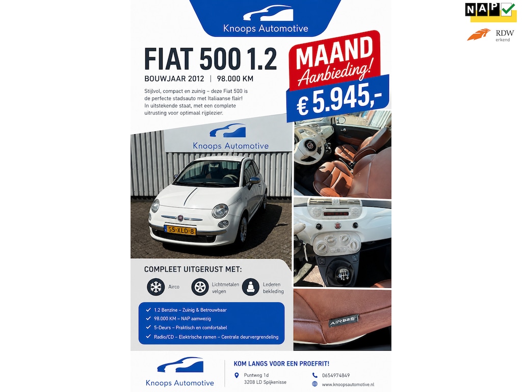Fiat 500 1.2 Easy Lederen bekleding, Airco
