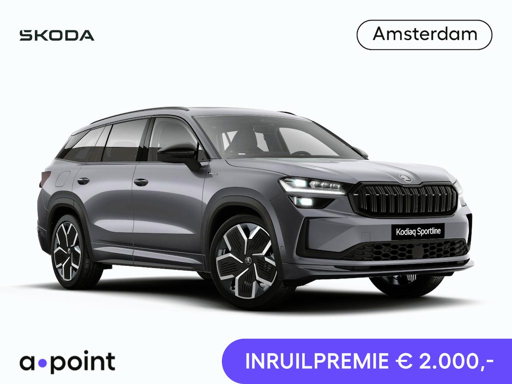 Skoda Kodiaq 1.5 TSI PHEV Sportline Business 204 pk 6 versn. DSG | Comfort Pakket | Dynamic Chassis Control Pakket | Head-up display | Panorama Dak | Parkeer Pakket | Trekhaak | Winter Pakket | 20" lichtmetalen velgen Rila aero, antraciet zwart