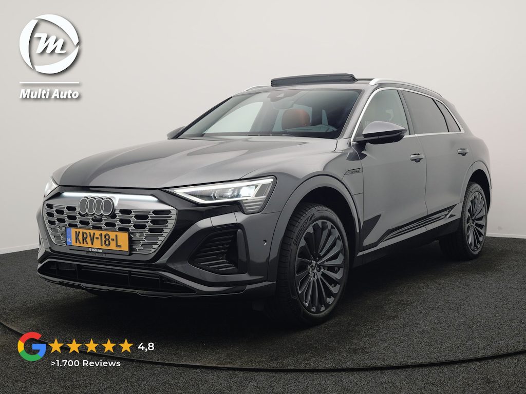 Audi Q8 e-tron 50 quattro S Line 95 kWh 340pk Dealer O.H | Luchtvering | Trekhaak Afn. | Adaptive Cruise | Bang & Olufsen | Head Up | 360 Camera | Lederen Sportstoelen & Stuur Verwarmd | Keyless | Apple Carplay | BLIS | Virtual | Navigatie | DAB | 21"L.M |