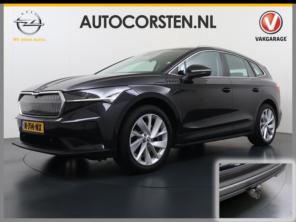 Skoda Enyaq iV 80 204PK SOH 91% Verlichte Grille Trekhaak Stoel+Stuurverwarming 3-Zone Ecc Camera Apple Carplay Android Auto Navi Sport Pakket Led Matrix Rijstrooksensor Isofix Keyless 1.000KG Trekgewicht Origineel Nederlandse Auto