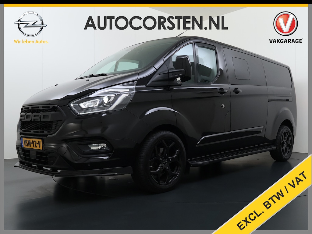 Ford Transit Custom 320 2.0TDCI 170PK Automaat L2H1 Dubbele Cabine 2X Schuifdeur Adap.Cruise 5-Persoons Leder+Verwarmd Trekhaak Navi Camera Pdc Apple Carplay/Android Auto Limited DC Euro 6 Lmv 18" Sidebars Betonplex Vloer Wandbetimmering Lane Assist 3.200KG Trekgewicht