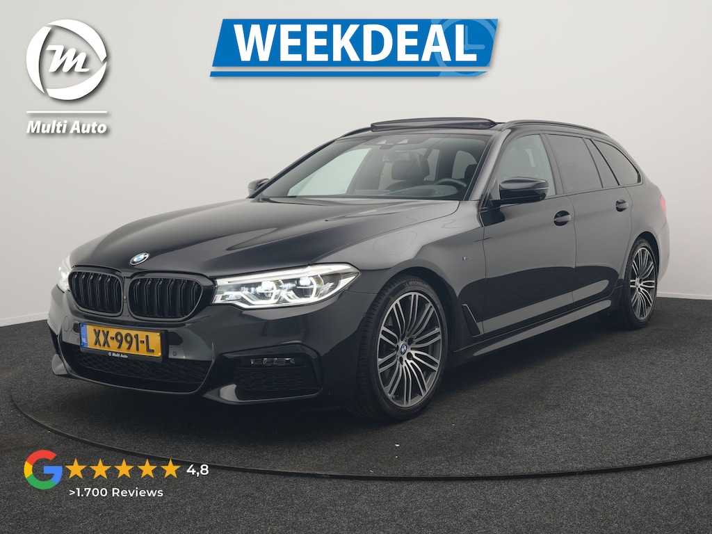 BMW 5-Serie Touring 520i M Sport 184pk Dealer O.H. | Panodak | Head Up | 360 Camera | Lederen Comfortzetels Memory & Verwarmd | Sfeerverlichting | Blis | Apple Carplay | Stuur Verwarmd | Adaptive LED | Navigatie | DAB | 19"L.M |