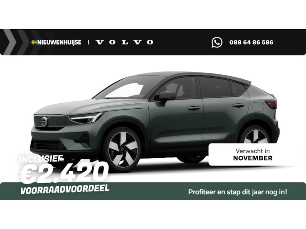 Volvo EC40 Single Motor Extended Range Ultra Europa 82 kWh | Google | Long Range | Adaptieve Cruise Control | Panoramadak | Harman Kardon Audio | Warmtepomp | 360 Camera | Getint Glas | Zitverlenging | Stuur-/Stoelverwarming Voor + Achter | DAB | LED Koplampen | Sfeerverlichting | Dodehoekdetectie | 20" Lichtmetalen velgen