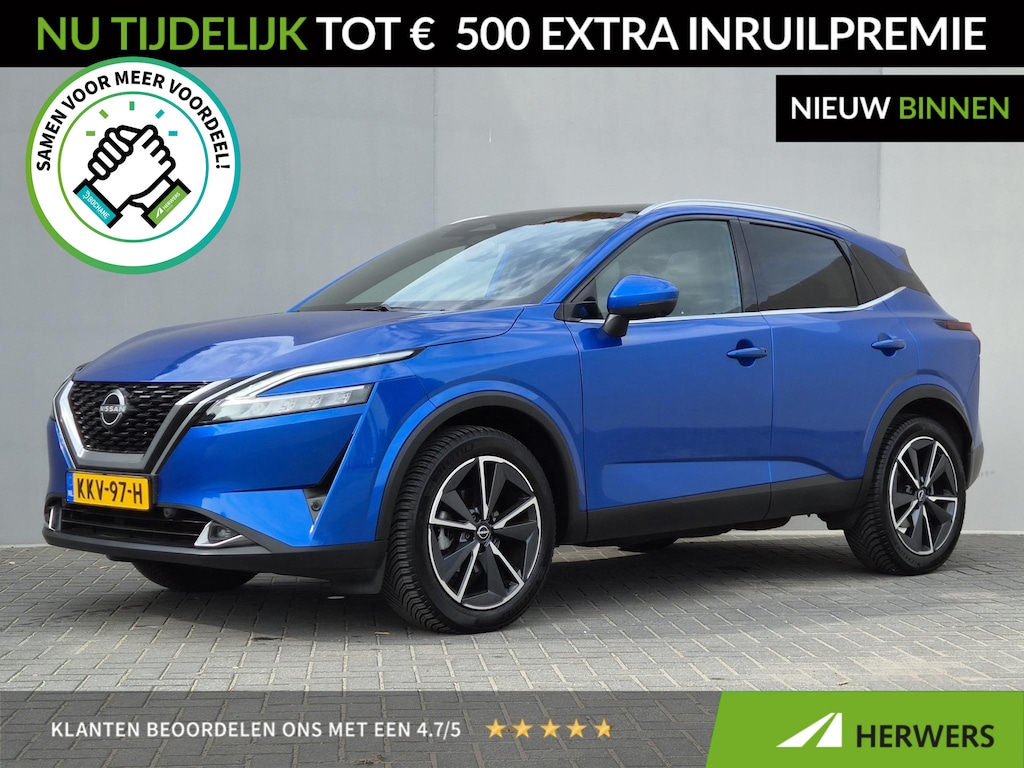 Nissan Qashqai 1.3 MHEV Xtronic Tekna / Dealer onderhouden / All season banden / HUD / Cold Pack / Design Pack / Apple Carplay Android Auto / Elektrische achterklep / Panoramadak / Rondomzicht camera / Adaptief cruise control / Stuur- Stoel & Voorruitverwarming /