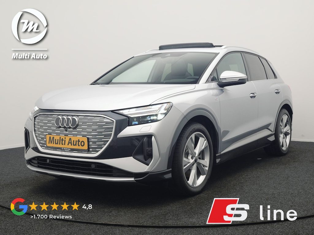 Audi Q4 e-tron 40 S Line 77 kWh 204pk Dealer O.H. | Panodak | Adaptive Cruise | Head Up | Camera | Matrix LED | Camera | Warmtepomp | Sportstoelen Memory & Verwarmd | Stuur Verwarmd | Apple Carplay | Navigatie | DAB |