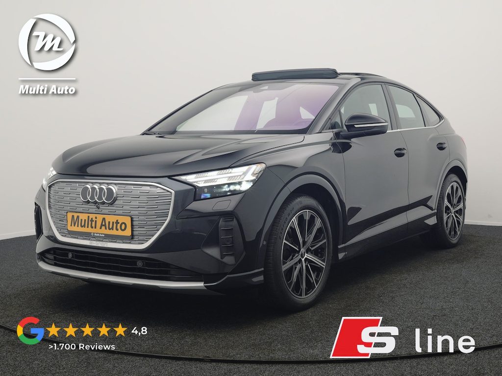 Audi Q4 Sportback e-tron 40 S edition 77 kWh 204pk Dealer O.H. | SOH 96,4% | Trekhaak Af Fabriek | Panodak | Adaptive Cruise | Head Up | 360 Camera | Matrix LED | Lederen Sportstoelen & Stuur Verwarmd | Keyless | Apple Carplay | Navigatie | DAB | 20"L.M