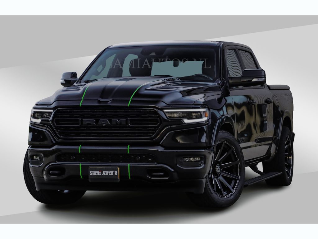 Dodge Ram LIMITED 5.7 V8 HEMI | TOP STAAT | €59950,- excl | BOM VOL | HUD | LUCHTVERING | STRIPING | BREDE WIELEN | OPEN UITLAAT KLEP | ADAPTIVE | PANO | DC | CREW CAB | DUBBELE CABINE | 5 PERSOONS |