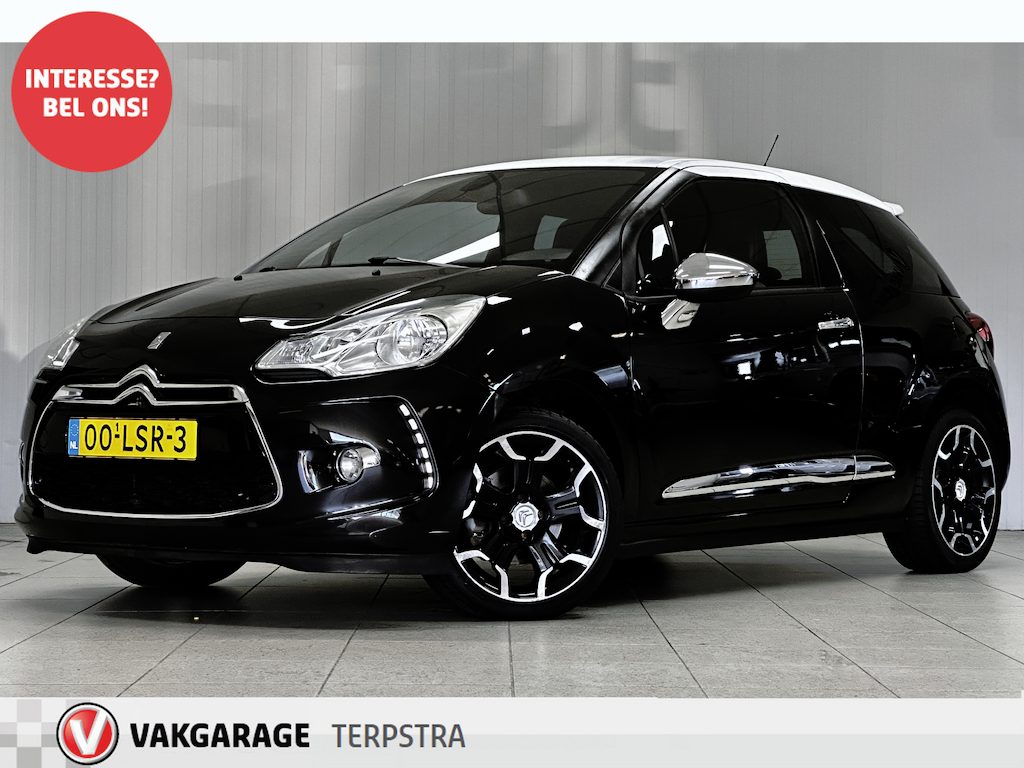 Citroën DS3 1.6 THP Sport Chic/ Bi-Tone/ 17'' LMV/ Zwarte-Hemel/ LEDER/ Navi/ Clima/ Cruise/ Elek. pakket/ Isofix/ Bluetooth/ LEDER. Stuur/ Mistl./ PDC/ Chroom/ Extra getint glas.