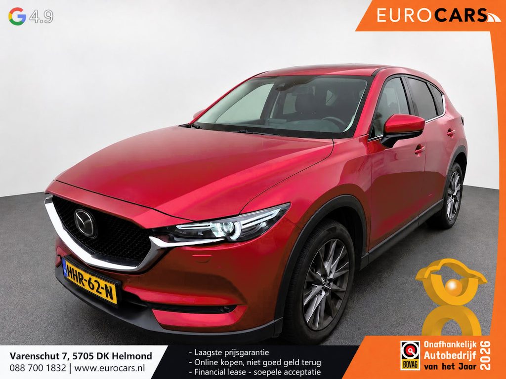 Mazda CX-5 2.5 4WD SkyActiv-G 194 Signature Panoramadak Trekhaak Navigatie 360 Camera Parkeerhulp Adaptive Cruise Control HUD Full Led Stoel verarming en verkoeling Stuurverwarming Elektrisch verstelbare stoel Leder Climate Control Lichtmetalen velgen