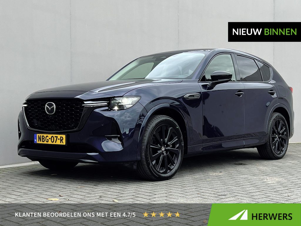 Mazda CX-60 2.5 e-SkyActiv PHEV Homura / Dealer onderhouden / Accu SoH 91,25 % / 2.500 kg elektrische trekhaak / Convenience & Sound Pack / Navigatie / HUD / Camera 360° / Leder / BOSE / Elektr. klep & stoelen / Stoelventilatie / Stuur-, stoel- & achterbankverwarming / 20" LM wielen /