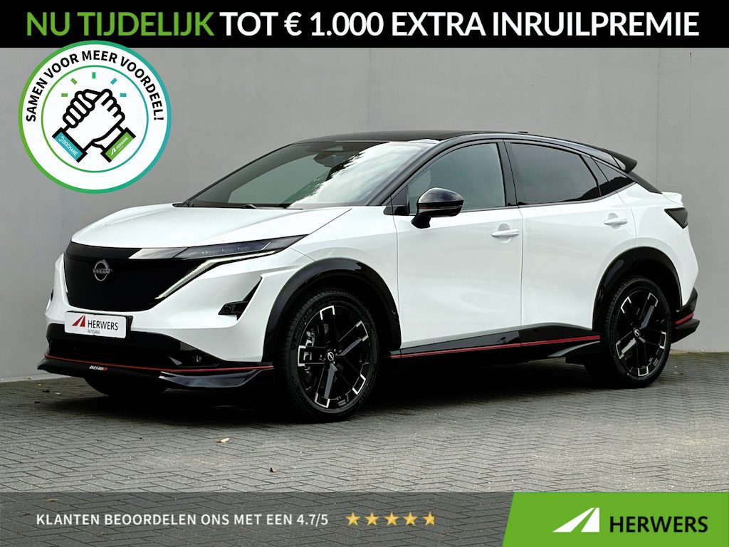 Nissan Ariya e-4ORCE Nismo 91 kWh / 435PK / 417KM WLTP / Alcantara Interieur / F1-Remlicht / Adaptieve Cruise Control / Verwarmde Voorstoelen / Elektr. Voorstoelen / 360 Camera / Elektr. Achterklep / Apple Carplay&Android Auto / Warmtepomp