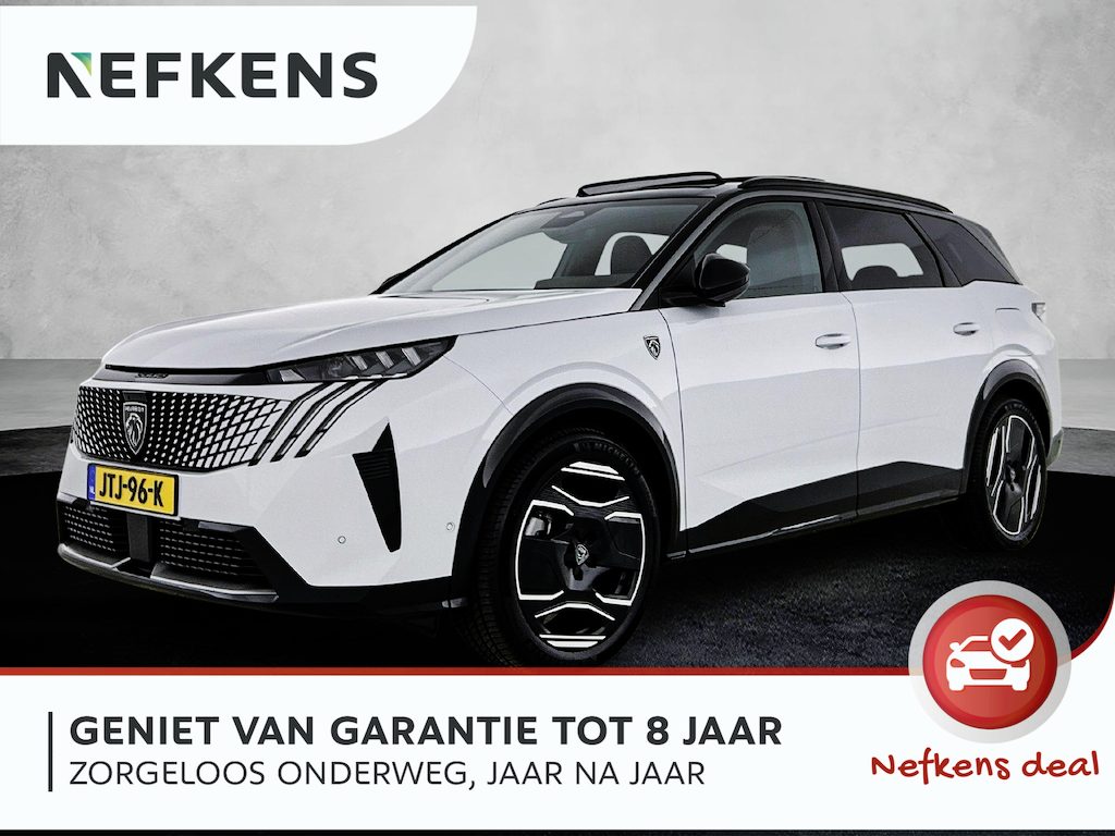 Peugeot e-5008 210pk GT Exclusive 73 kWh 7p Automaat | Tot 8 Jaar Garantie | Trekhaak | Schuif-/Kanteldak | Leder | 360 Camera | Elektrische Achterklep | Elektrische Bestuurdersstoel | Navigatie | Climate Control | Adaptieve Cruise Control | Full-LED Koplampen | Keyless Entry/start | Verwarmbare Stoelen | Alarmklasse 3 |