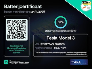 Tesla Model 3 Standard RWD Plus 60 kWh 85% SOH Trekhaak (1.000kg) Rijklaarprijs!