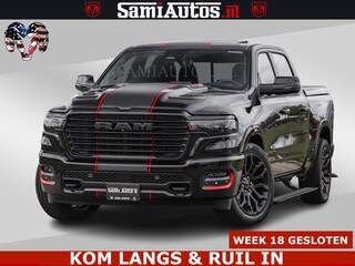 Dodge Ram NIGHT PREMIUM | 426PK | STRIPING | LUCHTVERING | HUD | PANO | 360 CAM | Full Option | LIMITED WHEELS | De Meest Luxe Pick-Up in zijn Klasse | Comfortabele Dubbele Cabine met Royale 5 Zitplaatsen | EERSTE EIGENAAR | SMOKE PACK | BOM VOL |
