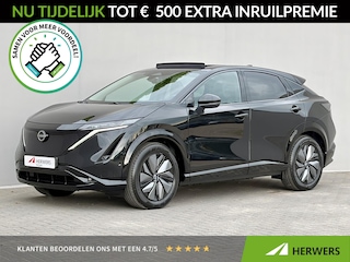 Nissan Ariya e-4ORCE Evolve 91 kWh 4WD / 306 PK / Leder / 1.500 kg Trekgewicht / Warmtepomp / 10 jaar Nissan More Garantie / Stoelverwarming voor en achter / Schuif-kantel dak / HUD / Stoelventilatie / Stuurverwarming / Rondomzicht camera / Elektrisch verstelbare stoelen met geheugen / Elektrische achterklep / Adaptieve cruise control / Apple Carplay/Android Auto /