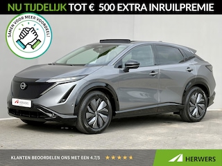 Nissan Ariya e-4ORCE Evolve 91 kWh 4WD / 306 PK / Leder / 1.500 kg Trekgewicht / Warmtepomp / 10 jaar Nissan More Garantie / Stoelverwarming voor en achter / Schuif-kantel dak / Stoelventilatie / Stuurverwarming / Rondomzicht camera / Elektrisch verstelbare stoelen met geheugen / Elektrische achterklep / Adaptieve cruise control / Apple Carplay/Android Auto /