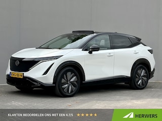 Nissan Ariya e-4ORCE Evolve 91 kWh 4WD / 306 PK / Leder / 1.500 kg Trekgewicht / Warmtepomp / 10 jaar Nissan More Garantie / Stoelverwarming voor en achter / Schuif-kantel dak / Stoelventilatie / Stuurverwarming / Rondomzicht camera / Elektrisch verstelbare stoelen met geheugen / Elektrische achterklep / Adaptieve cruise control / Apple Carplay/Android Auto /