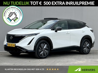 Nissan Ariya e-4ORCE Evolve 91 kWh 4WD / 306 PK / Leder / 1.500 kg Trekgewicht / Warmtepomp / 10 jaar Nissan More Garantie / Stoelverwarming voor en achter / Schuif-kantel dak / Stoelventilatie / Stuurverwarming / Rondomzicht camera / Elektrisch verstelbare stoelen met geheugen / Elektrische achterklep / Adaptieve cruise control / Apple Carplay/Android Auto /