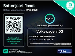 Volkswagen ID.3 Pro 58 kWh SOH 91,72%, parkeersensoren voor en achter, multifunctioneel stuurwiel, lane assist, bluetooth carkit, carplay, meerkleurige sfeerverlichting, navi discover pro
